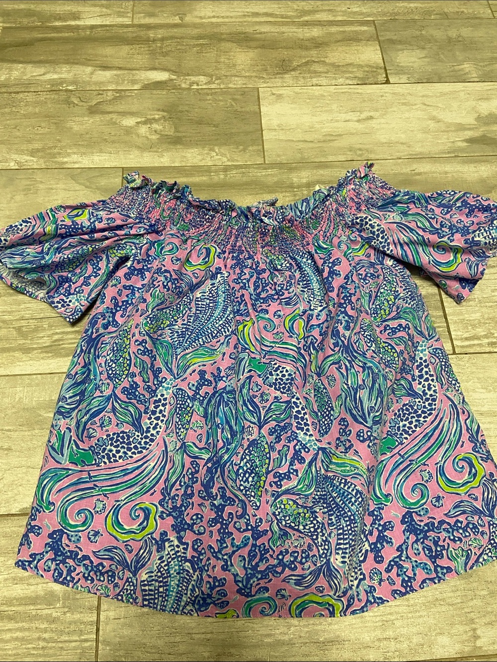 Lilly Pulitzer Pink, Blue & Green Smocked Off-Shoulder Blouse, Size S